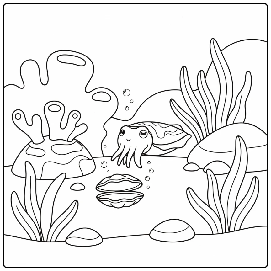 Cute sea animals coloring page: cuttlefish reaches for clam