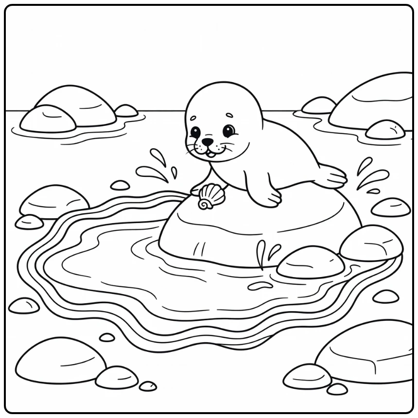 Cute sea animals coloring page: baby seal pup on rock with shell