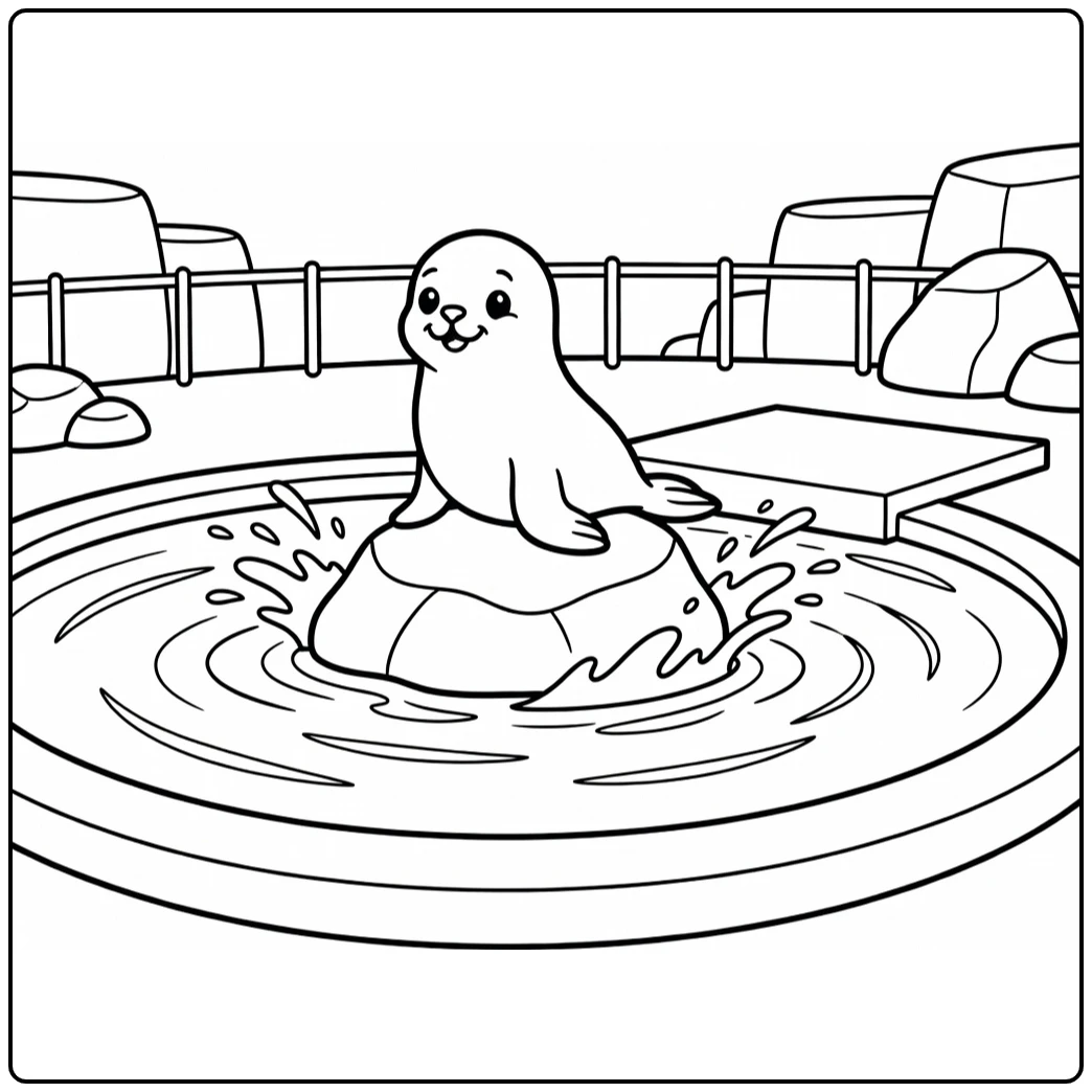 Sea lion balancing on rock in zoo pool zoo coloring page