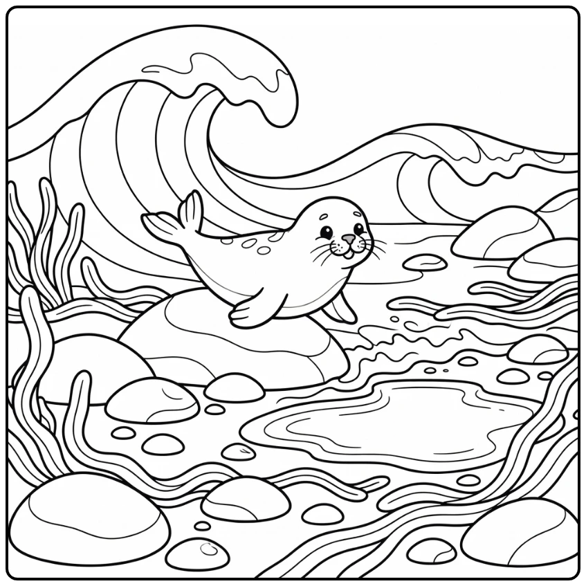 Playful seal sea animal coloring page sliding into foamy surf