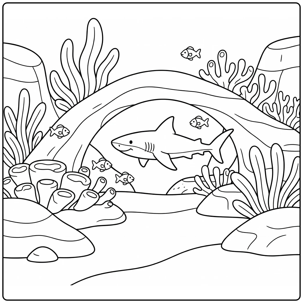 Shark past reef arch with fish sea animal coloring page