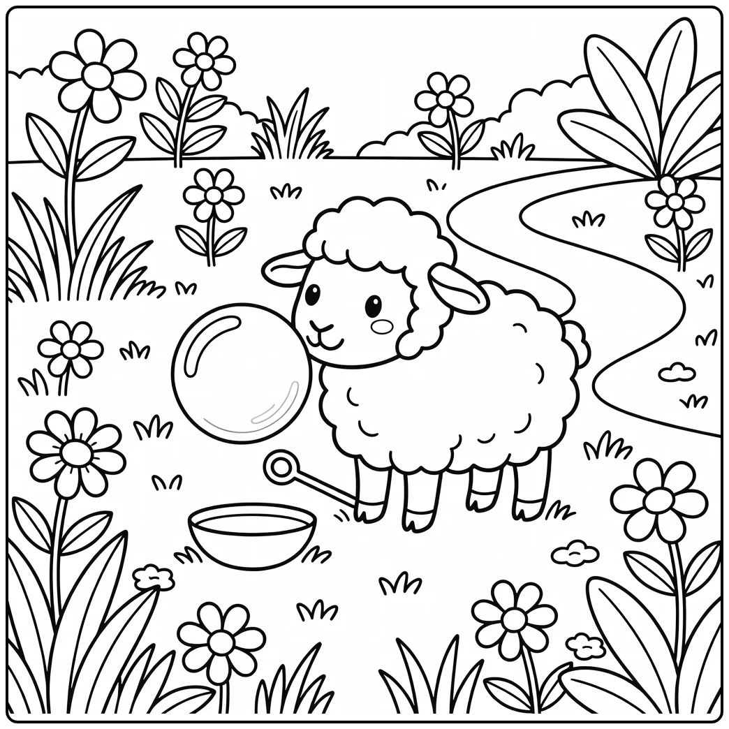 Cute sheep coloring page with sheep and large soap bubble