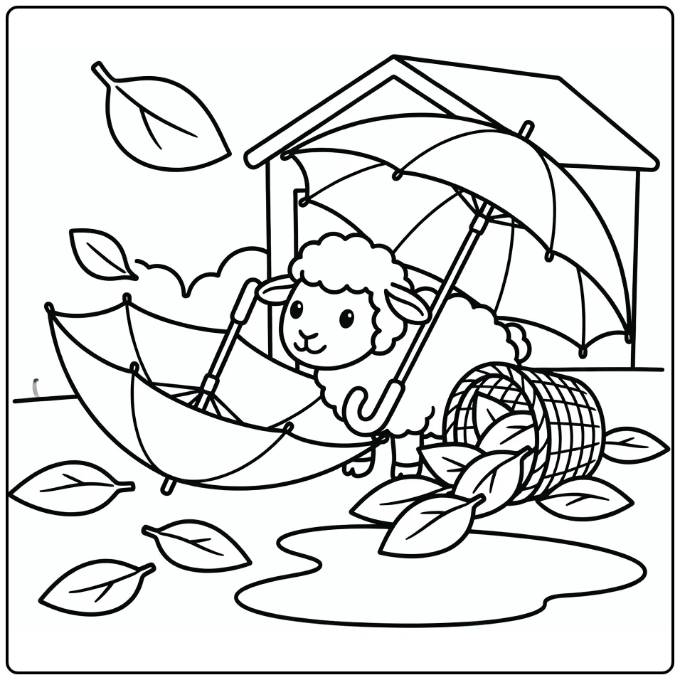 Cute sheep coloring page with umbrella after windy gust