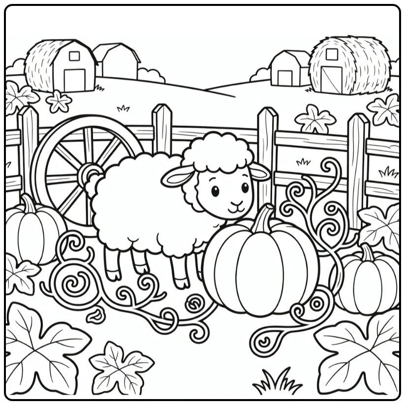 sheep coloring page with pumpkin in harvest farm scene