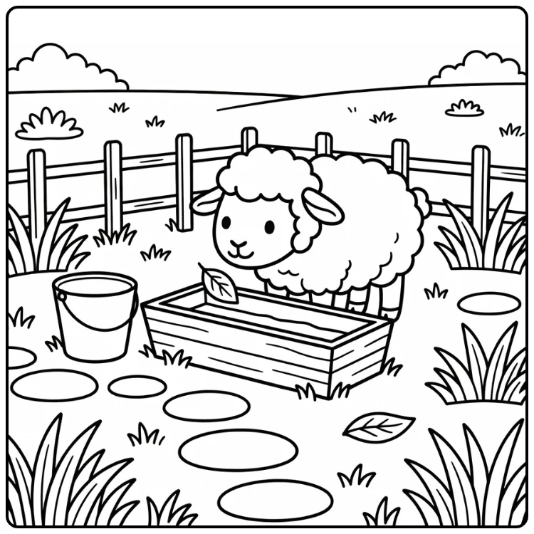 Cute sheep coloring page of sheep sniffing leaf in pasture