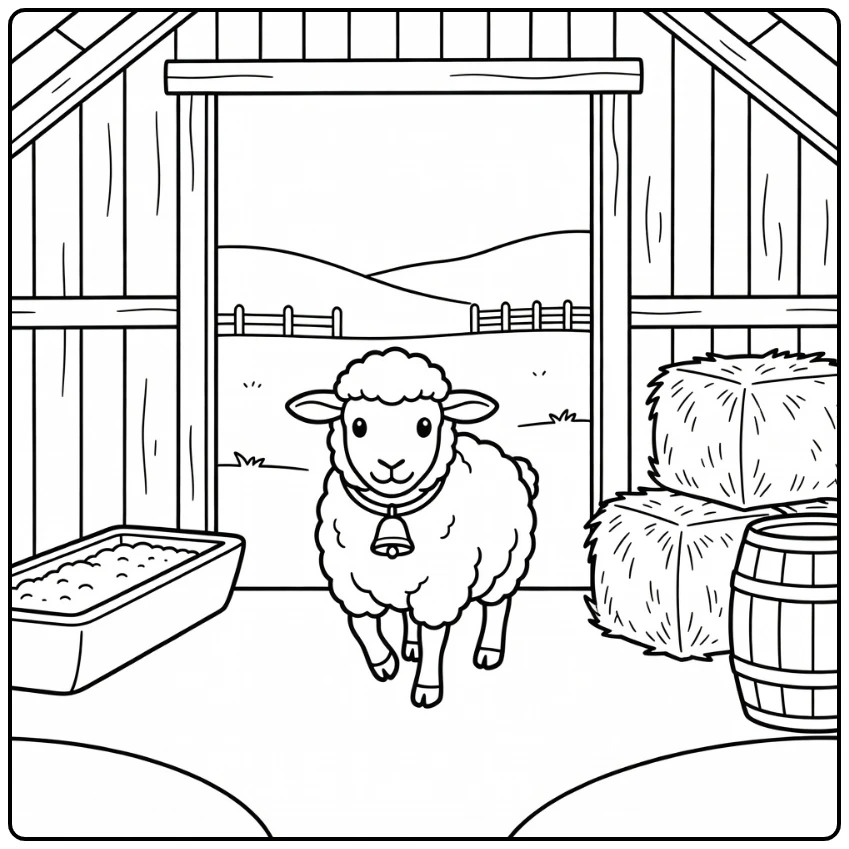 Sheep Walking Through Barn Door Farm Animal Coloring Page