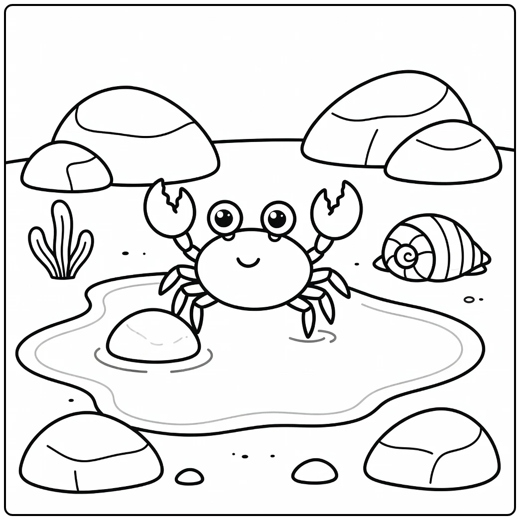 Sea animals coloring page for preschoolers: happy crab tide pool