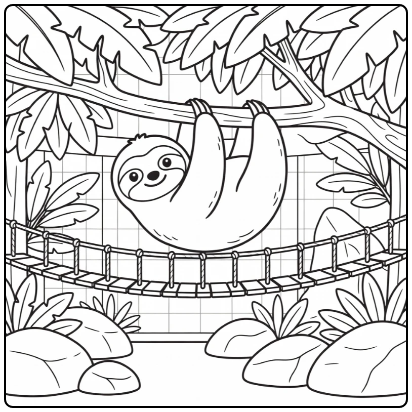 Sloth hanging upside down in zoo rainforest zoo coloring page