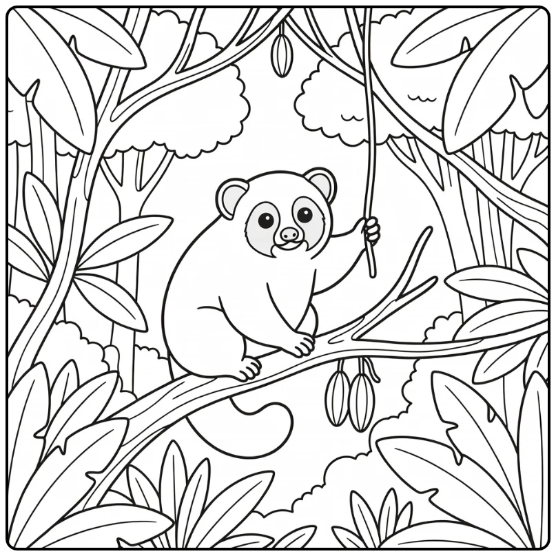 Slow loris on branch in jungle animals coloring page