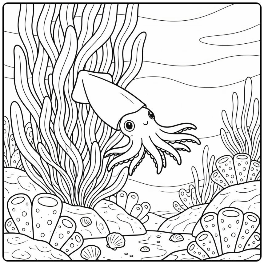 Squid sea animal coloring page darting from kelp curtain