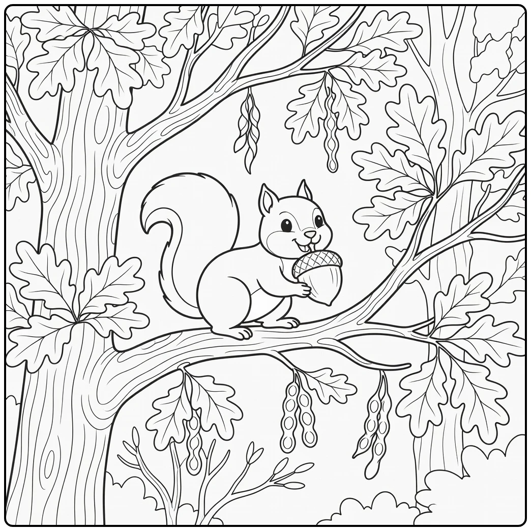 Squirrel racing with acorn on oak branch forest animals coloring page
