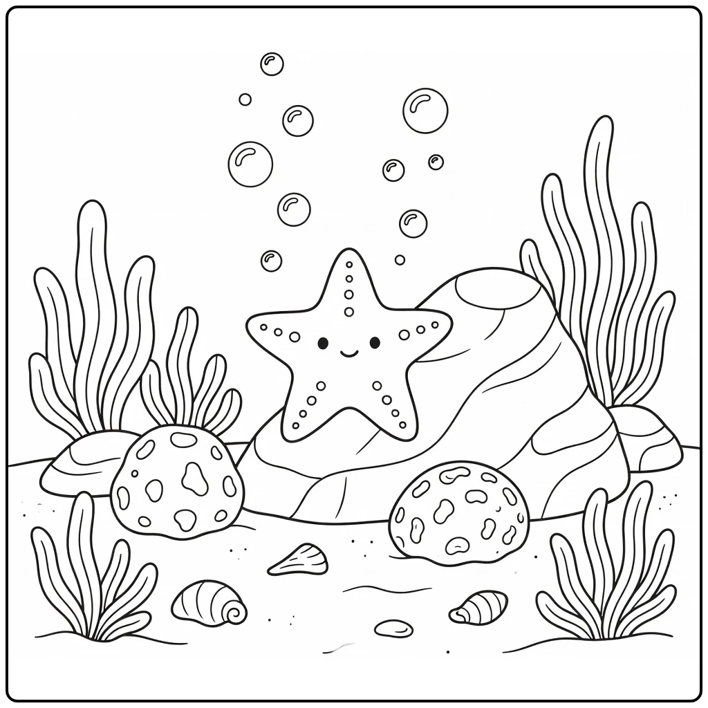 Starfish on reef rock with bubbles sea animal coloring page