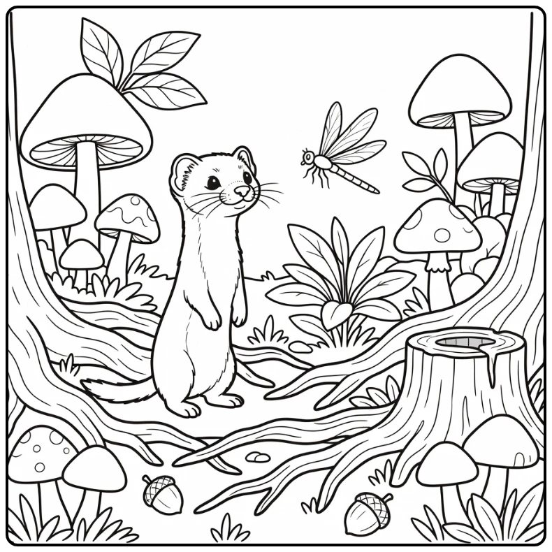Stoat standing watching dragonfly: woodland animal coloring page