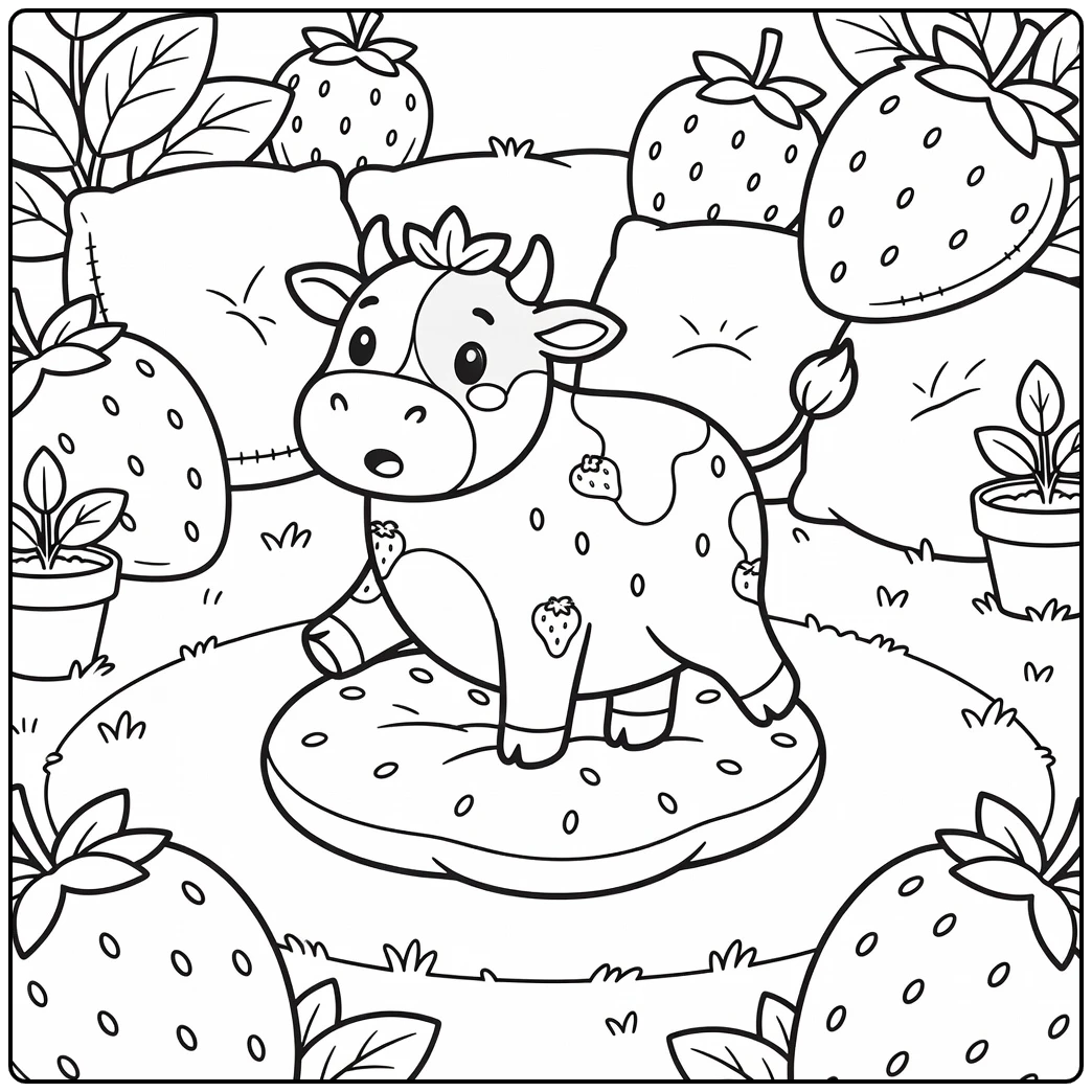 Cute strawberry cow coloring pages: wobbling on berry cushion