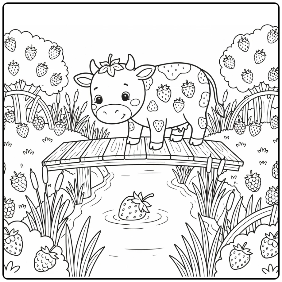 Strawberry cow coloring pages: balancing on bridge over canal