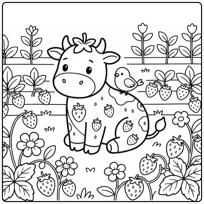 Strawberry cow coloring pages: cow in patch, bird on back