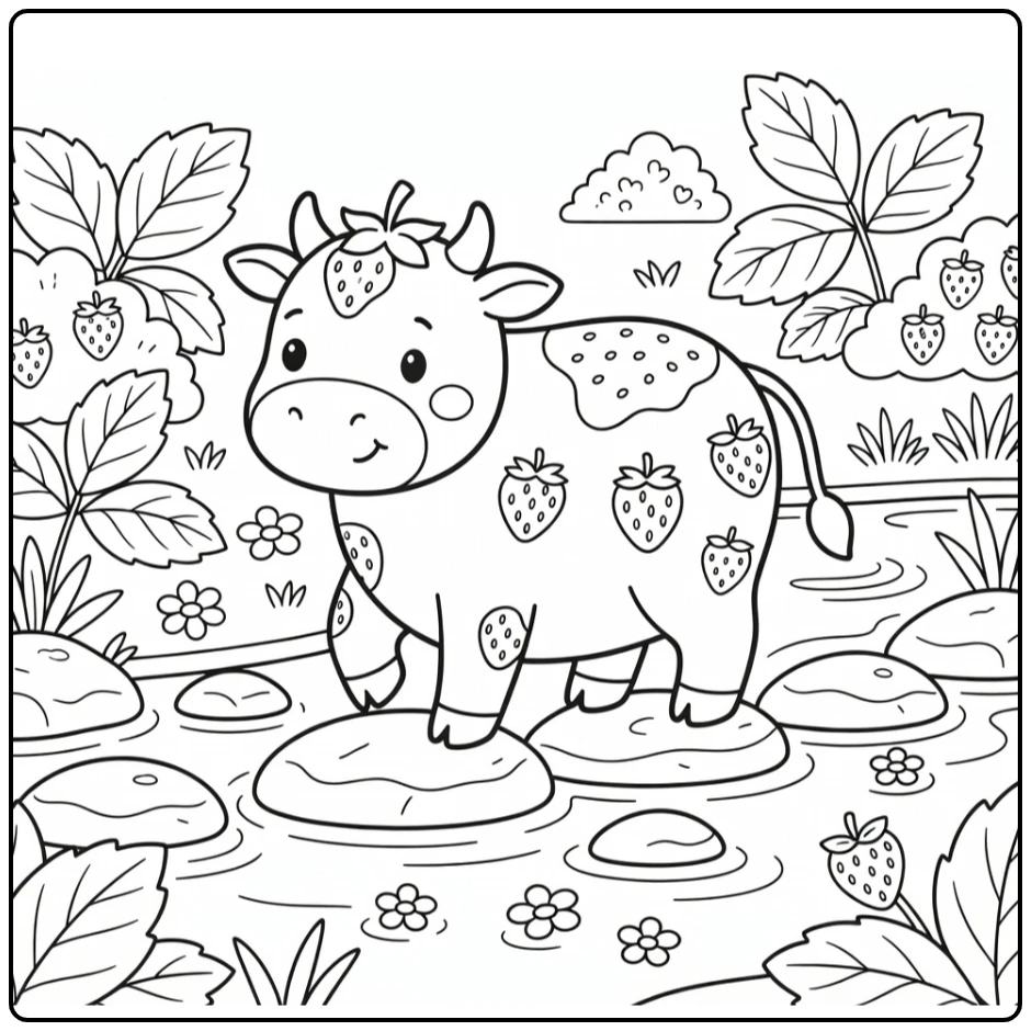 Strawberry cow on stream stones, strawberry cow coloring pages