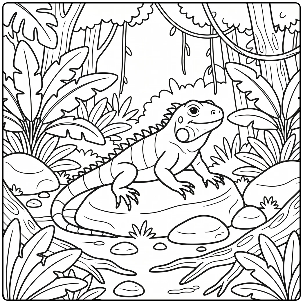 Jungle animals coloring page: cute iguana sunning on rock