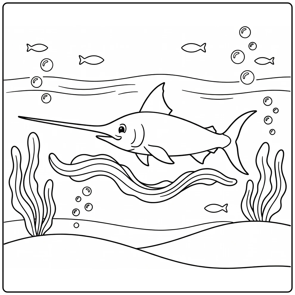 Swordfish sea animal coloring page slicing ocean waves