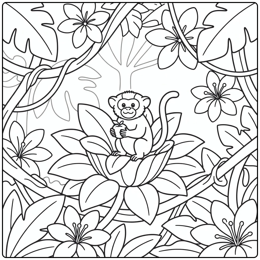 Jungle animals coloring page: tamarin monkey in leaves holding fruit