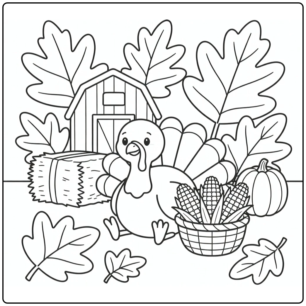 Cute thanksgiving turkey coloring page with squash and corn