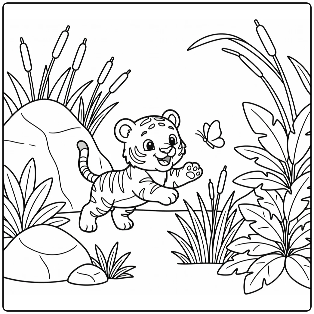 Tiger Cub Pounces at Butterfly - Baby Animal Coloring Pages
