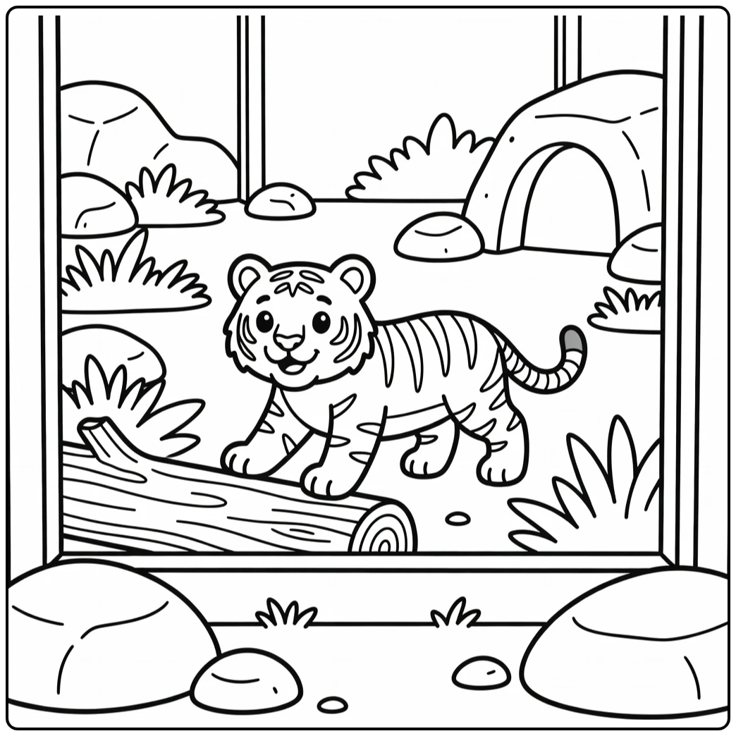 Tiger pacing by glass wall zoo coloring page