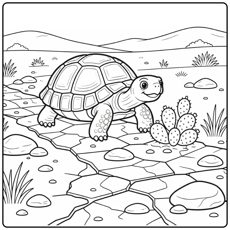 Desert tortoise reaching cactus, desert animal coloring page
