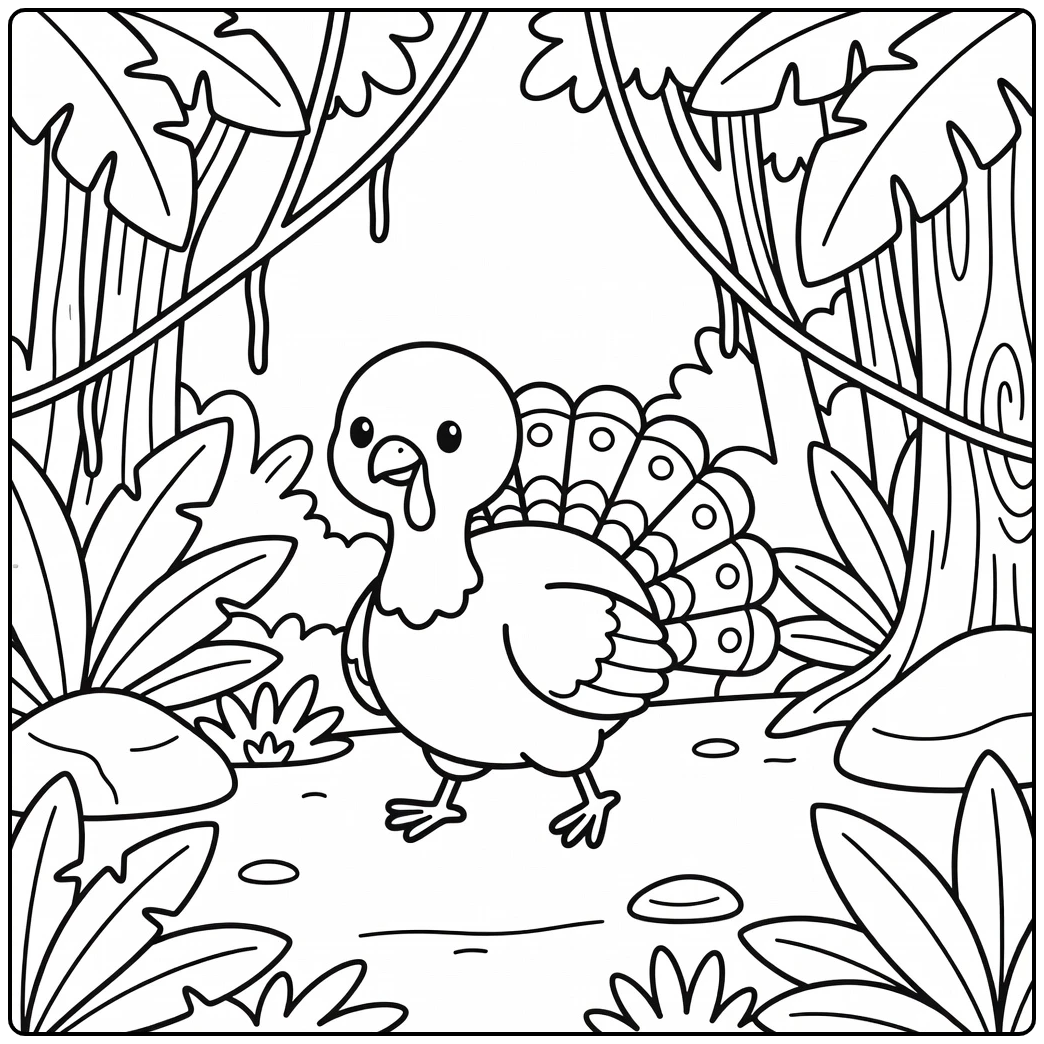 Cute turkey coloring page with ocellated bird in jungle