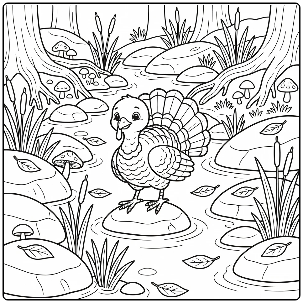 cute turkey coloring page of turkey crossing forest stream on stone