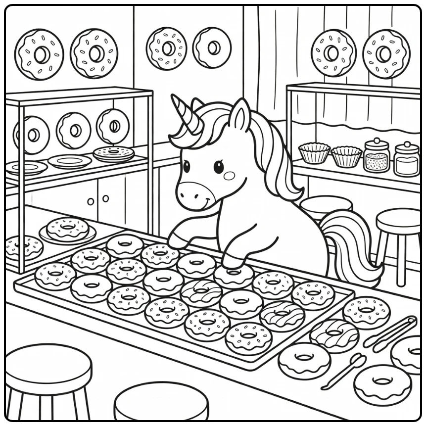 Unicorn sorting donuts in shop unicorn donut coloring page