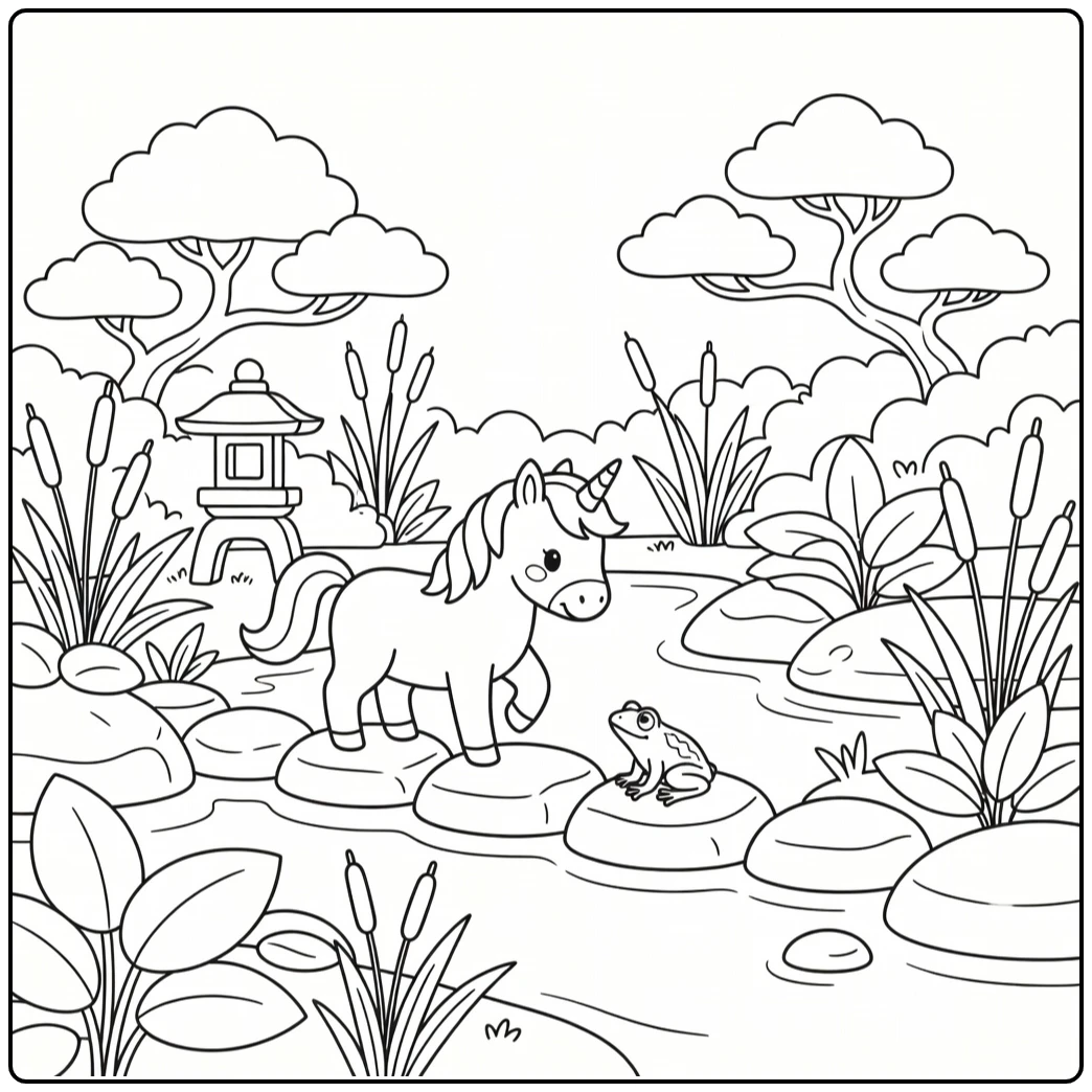 Unicorn balancing on stones gazes at frog unicorn coloring pages