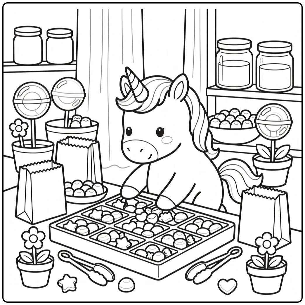 Unicorn sorting candy shapes in tray unicorn candy coloring page
