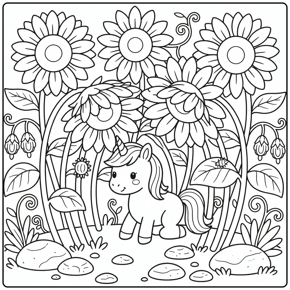 Unicorn pony coloring page: tiny pony in sunflower tunnel