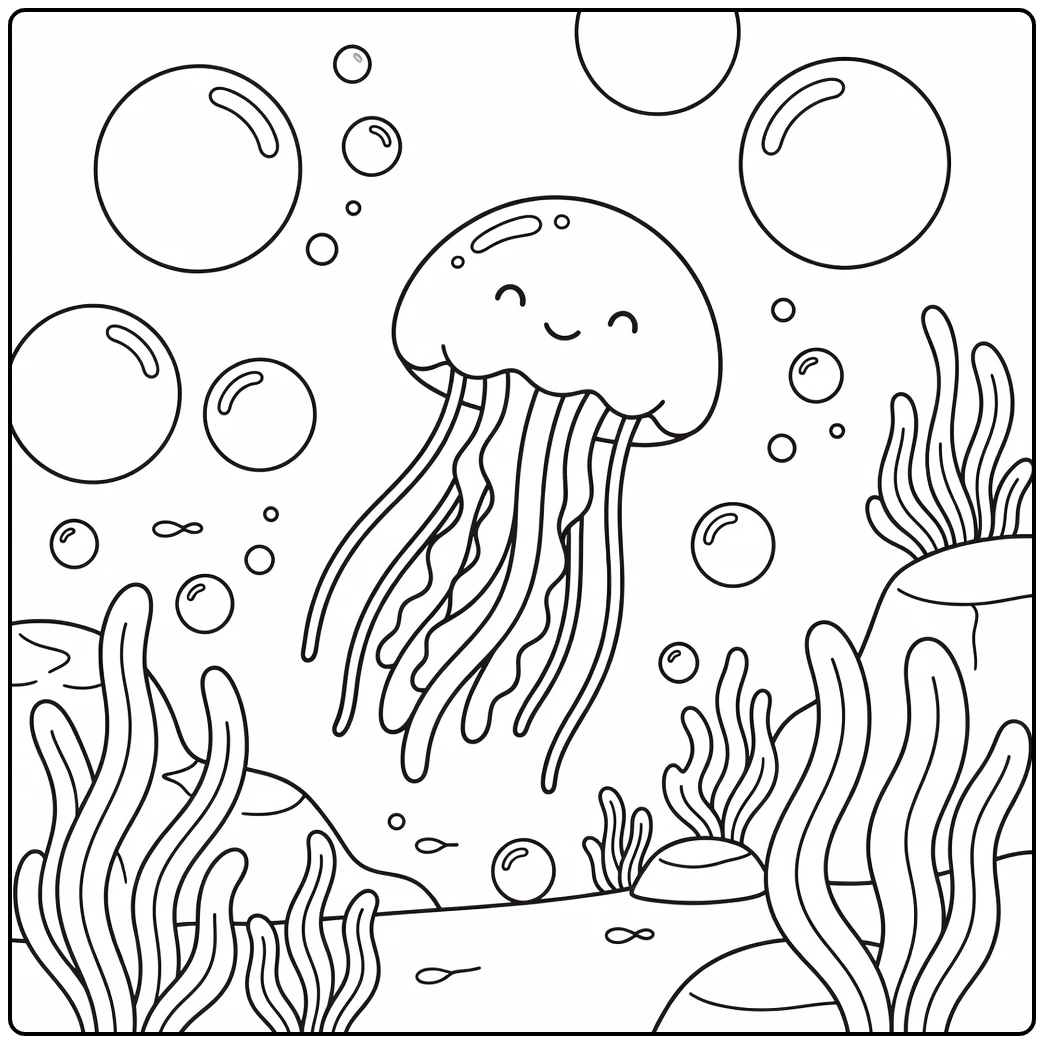 Drifting jellyfish sea animal coloring page with bubbles