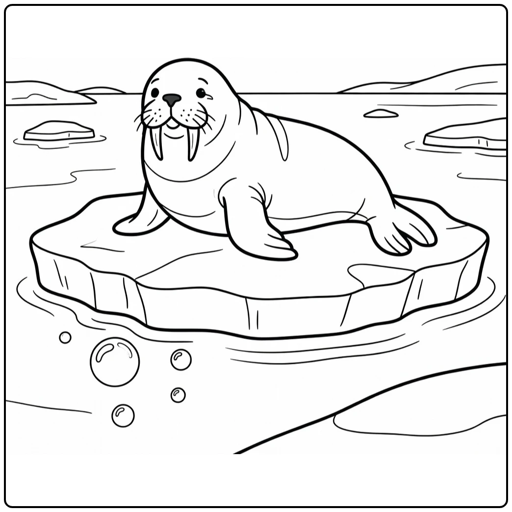 Walrus sea animal coloring page on ice floe dipping flipper
