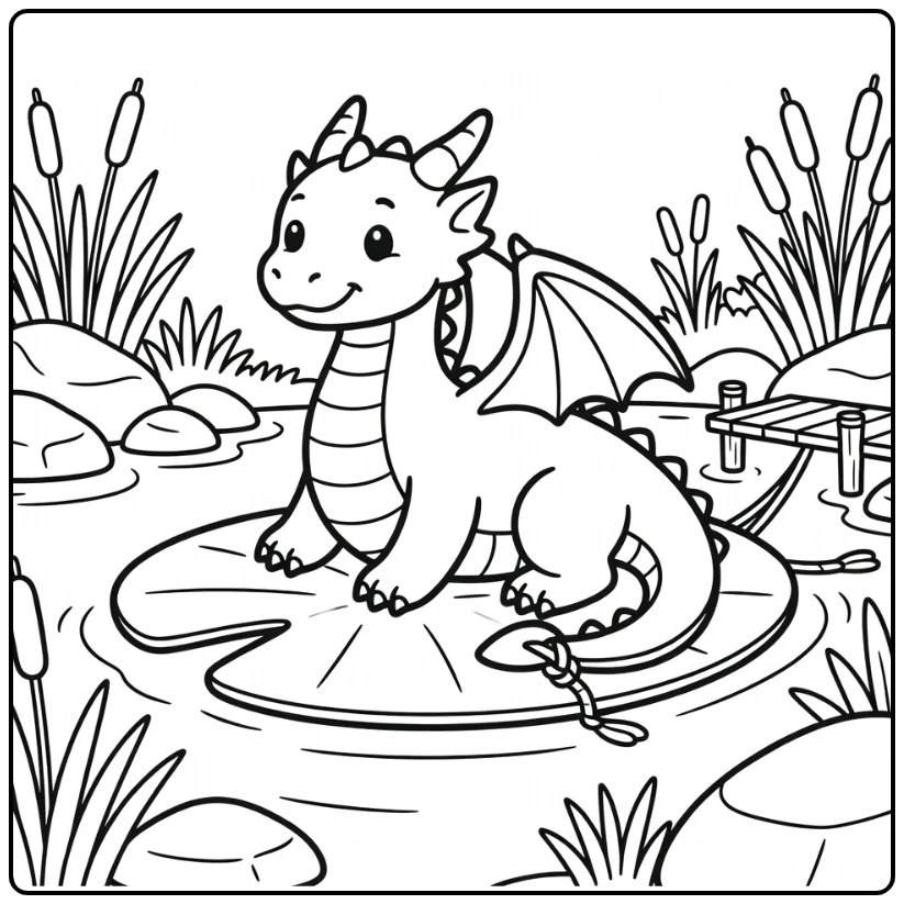 Water dragon coloring page on giant lily-pad ferry in pond