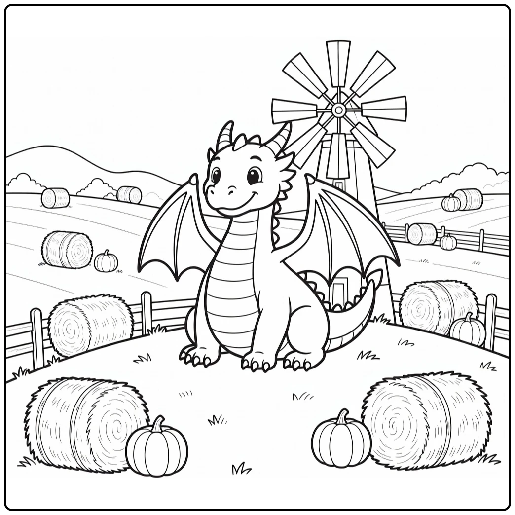 Proud dragon on hill with windmill hay bales dragon coloring page