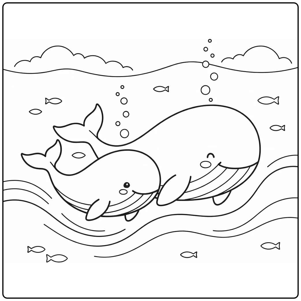 Sea animal coloring page: whale calf swims with mother whale