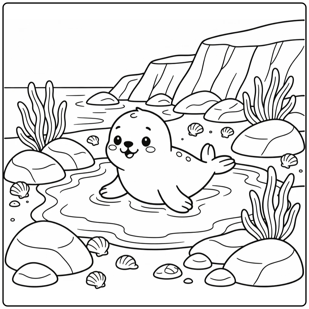 Cute wild animal coloring page: baby seal pup at tide pool