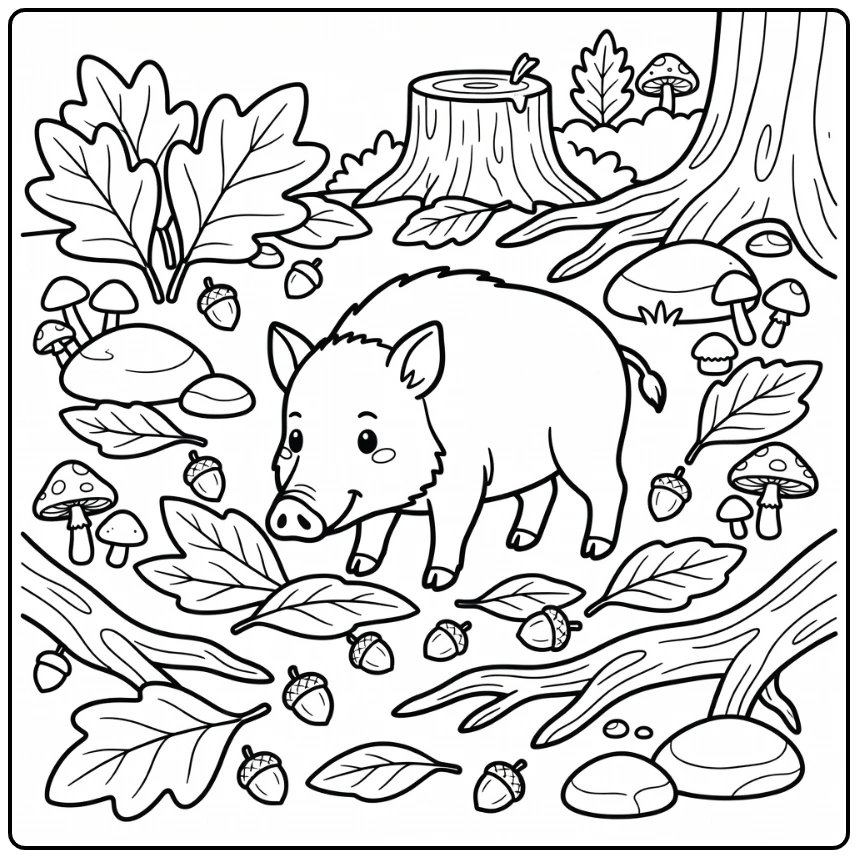 Wild animals coloring page: boar rooting by forest stump