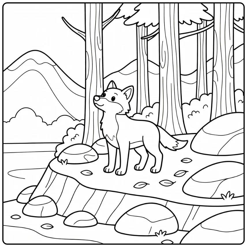 Wolf sniffing air on rocky ridge, wild animals coloring page