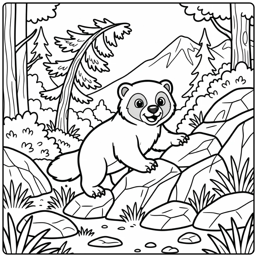 Wolverine climbing rocky slope forest animals coloring page