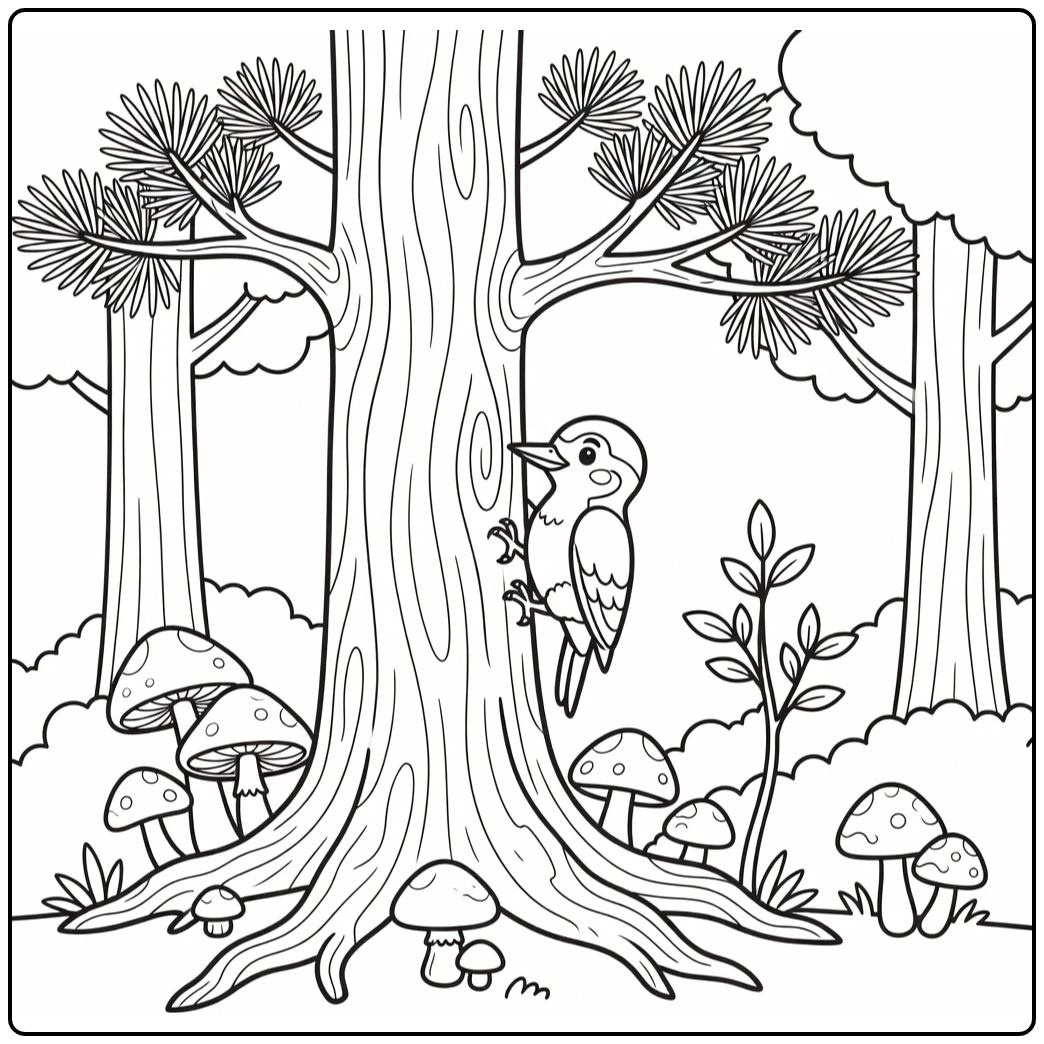 Woodpecker pecking tree in forest animals coloring page