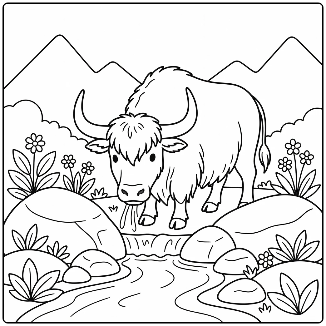 Yak drinking alpine spring water, yak coloring pages