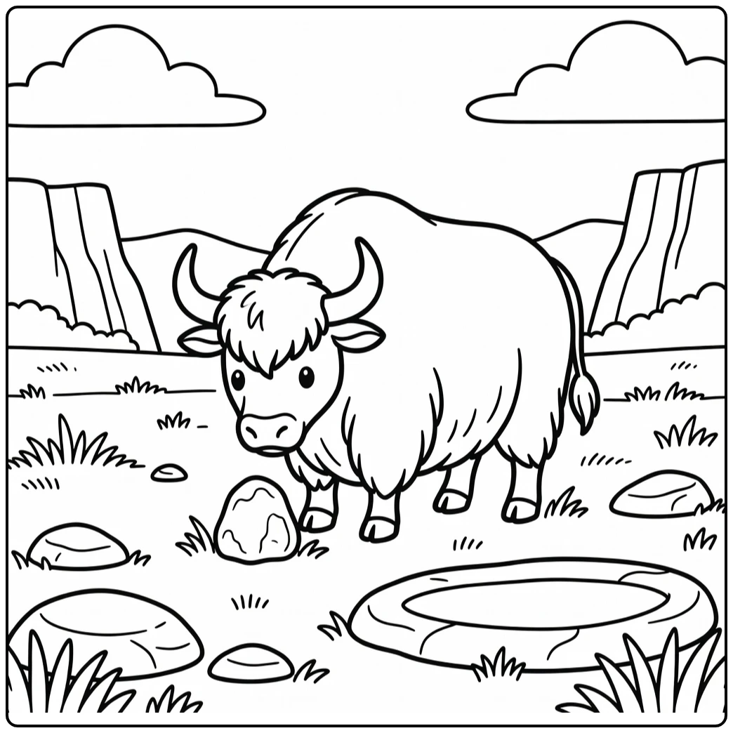 Yak at mountain salt lick scene, yak coloring pages
