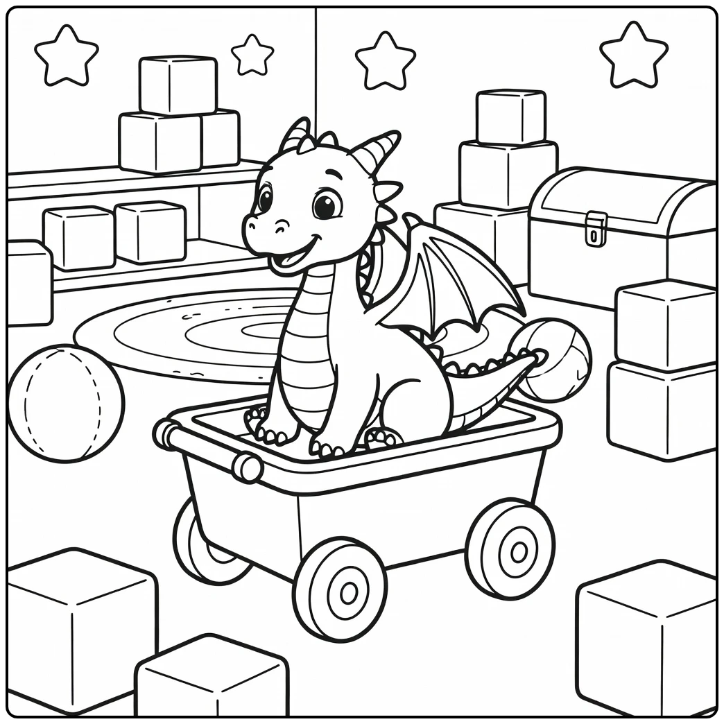 Dragon coloring page for kids: young dragon in toy wagon playroom