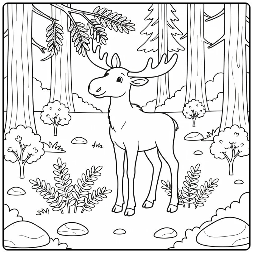 Young moose reaching leaves forest animals coloring page