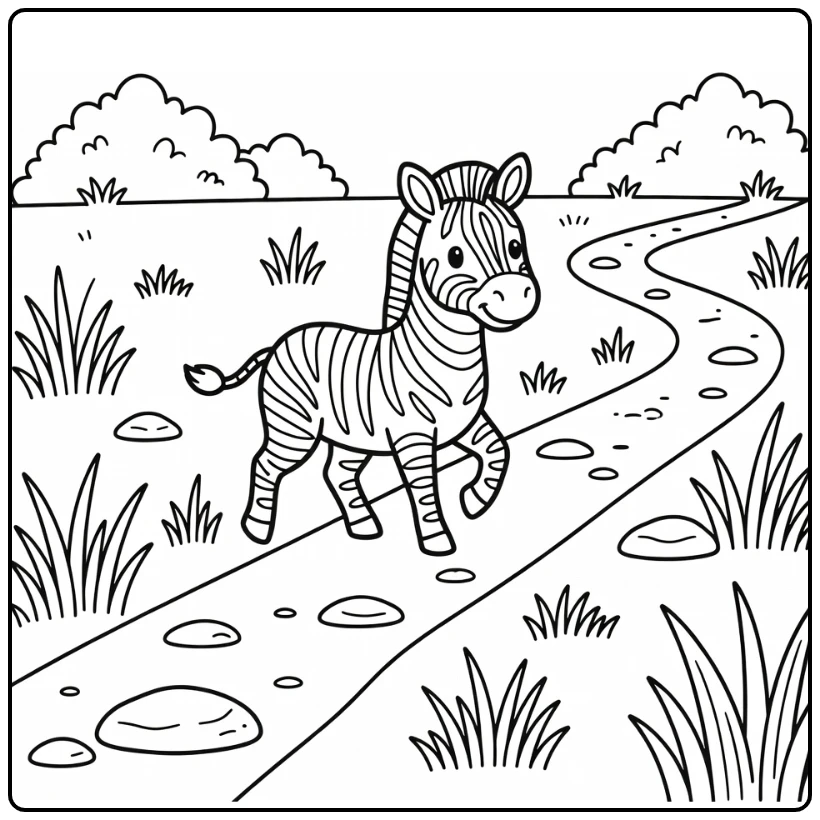 Zebra trotting grassland path wild animals coloring page