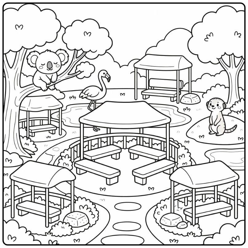 Cute zoo coloring page with koala, flamingo, meerkat picnic